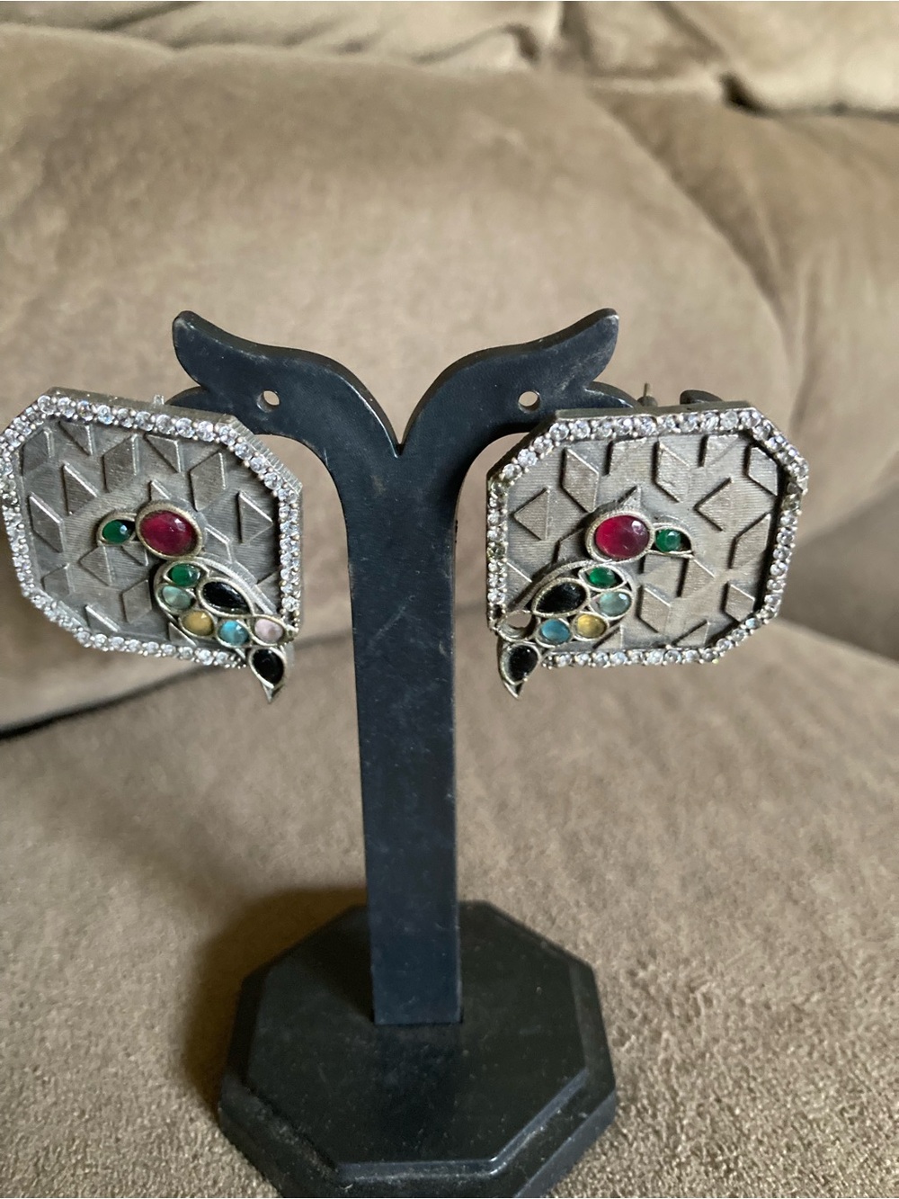 Multicolor Stone Peacock Motif Silver-Tone Earrings